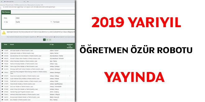 2019 yarıyıl öğretmen özür robotu yayında