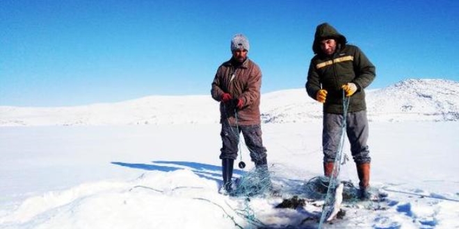 Donan Çıldır Gölü'nde, Eskimo usulü balık avlıyorlar