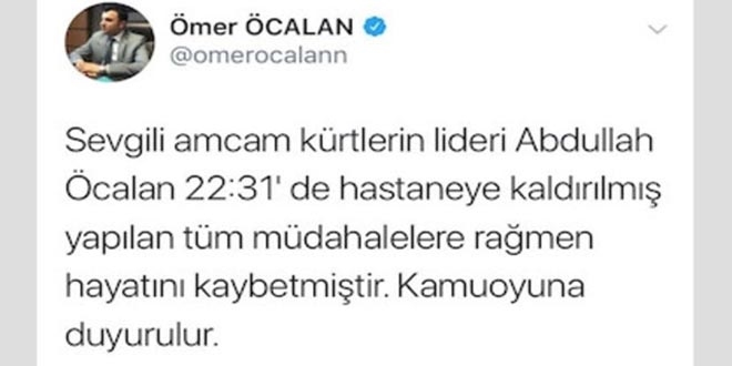 HDP'li vekilin hesabından 'Abdullah Öcalan öldü' paylaşımı