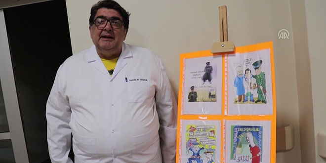 Doktorun karikatürleri hastane koridorlarında sergileniyor