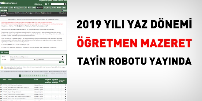 2019 yılı Öğretmen Mazeret Tayin Robotu yayında