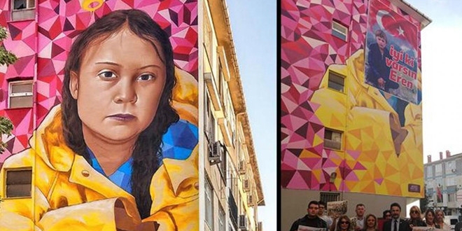Greta Thunberg'in Kadky'de bulunan grafitisi ehit Eren Blbl'n resmi ile kapatld