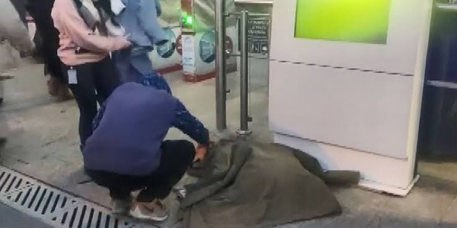Liseli genç soğuktan titreyen köpeği montuyla örttü