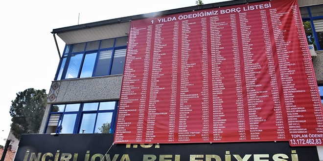Ödediği borçların pankartını belediyeye astırdı
