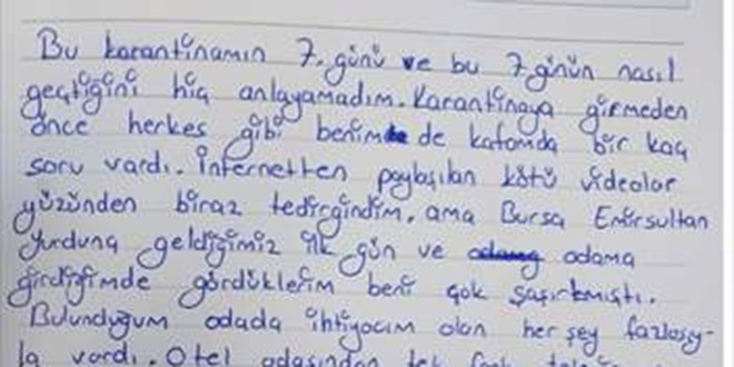 Yurtlarda karantinada kalanlardan te�ekk�r mektuplar�