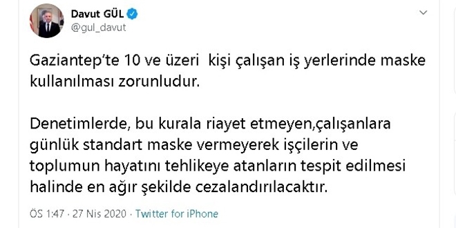 10 ve üzeri personel çalıştıran iş yerlerine maske zorunluluğu