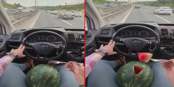 Araç sürerken karpuz yiyen maganda trafiği birbirine kattı