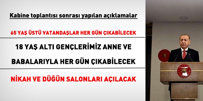 Erdoğan'dan, 65 yaş ve 18 yaş kısıtlamaları ile düğün salonları açıklaması