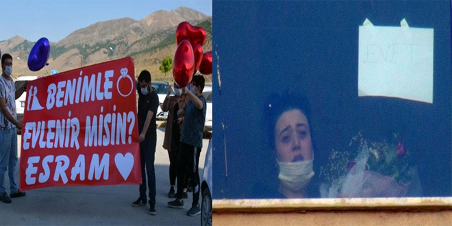 Koronavirüs tedavisi gören kız arkadaşına hastane önünde evlilik teklif etti