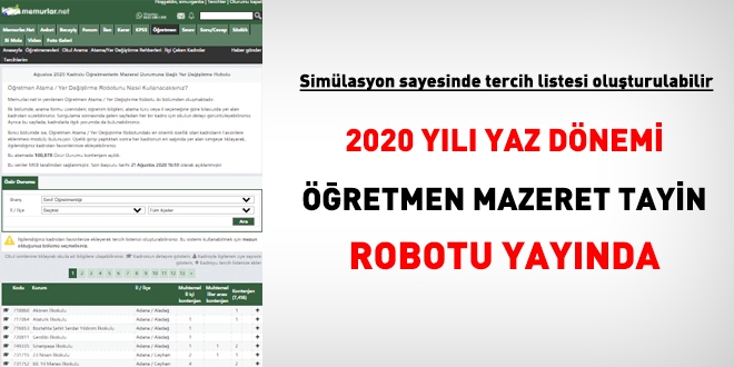 Simülasyonlu 2020 yılı yaz dönemi öğretmen mazeret tayin robotu yayında