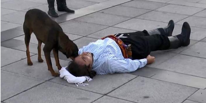 Rolü gereği yaralanıp yere düşen tiyatrocuya sokak köpeği yardım etmeye çalıştı