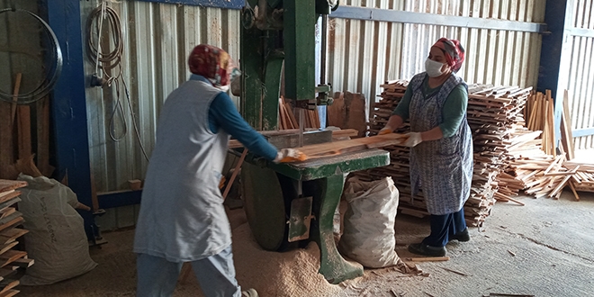 Kereste fabrikasında çalışan kadınlar erkeklere taş çıkartıyor