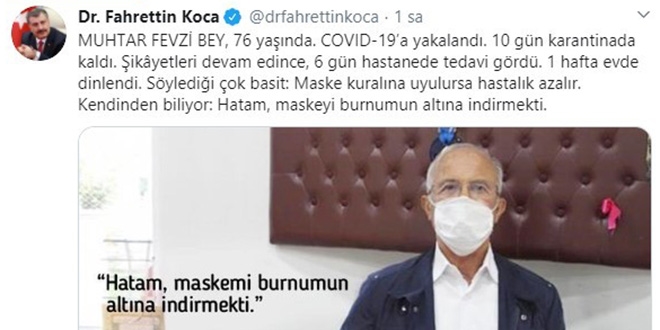 Sağlık Bakanı Koca, bu muhtarı paylaşıp, örnek gösterdi