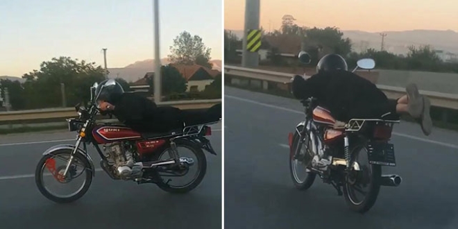 Motosikleti yatarak kullanan sürücüye 10 bin lira ceza