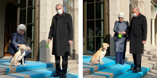 Emine Erdoğan, Cumhurbaşkanı Erdoğan'ı 'Leblebi' ile birlikte uğurladı