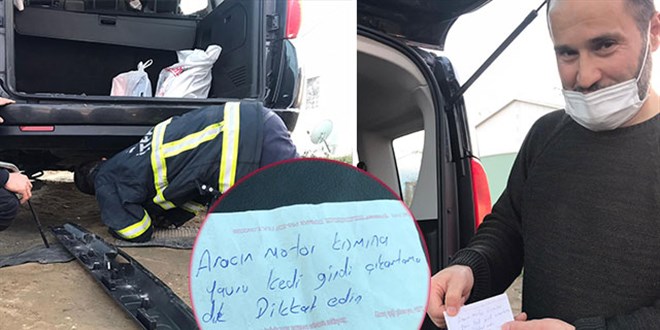 Aracın camına bırakılan not kedinin kurtarılmasını sağladı