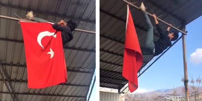 Üniversite öğrencisi ipi kopan bayrağı canı pahasına düzeltti