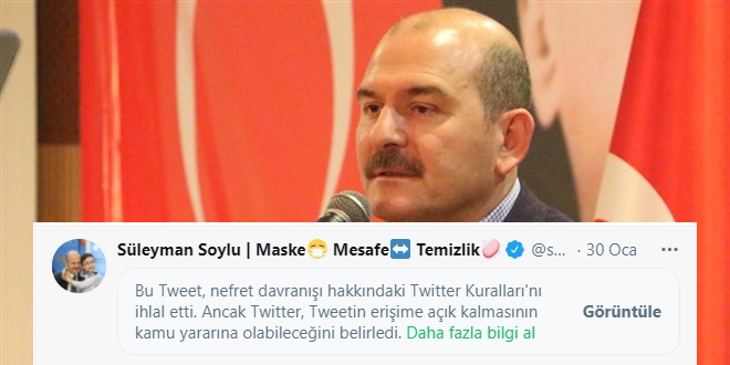 Twitter, Soylu'nun bir paylaşımını daha kısıtladı