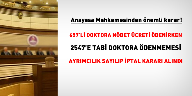 AYM: 2547'e tabi uzman doktora nbet creti denmemesi ayrmclk