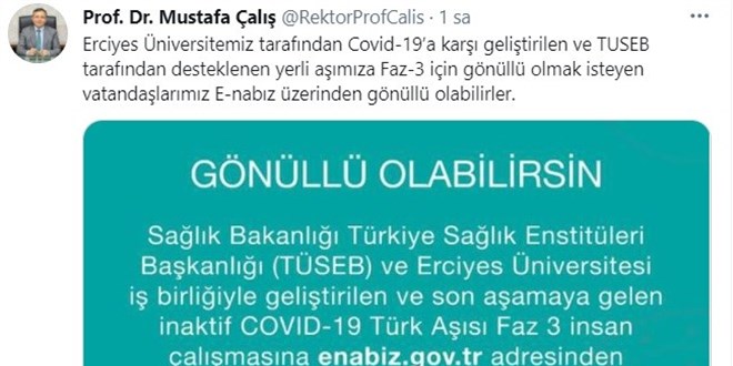 Rektörden 'yerli aşı için gönüllü olun' çağrısı