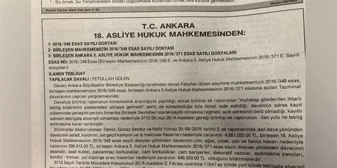FETÖ elebaşı Gülen'e gazete ilanıyla 6 milyon liraya yakın tebligat