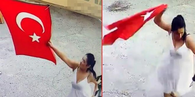 Adana'da bir kadın Türk bayrağını koparıp çöpe attı