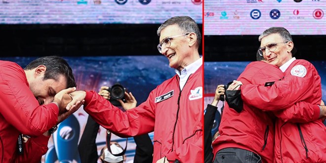 Aziz Sancar elini öpen Selçuk Bayraktar'a sarıldı