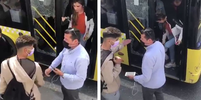 Otobüs kapısına çantası sıkışan genç sinirlenip camı kırdı