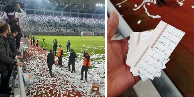 Kur'an-ı Kerim sayfalarını konfeti şeklinde sahaya attılar